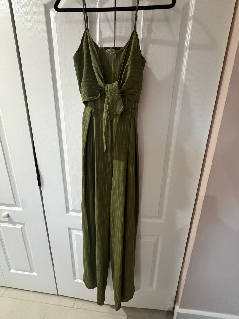 Flying Tomato Olive Green Tie-Front Spaghetti Strap Jumpsuit